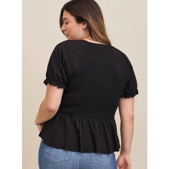 NWT! Torrid Cotton Modal Slub Smocked Short Sleeve Babydoll Blouse Black 5x - Picture 2 of 4
